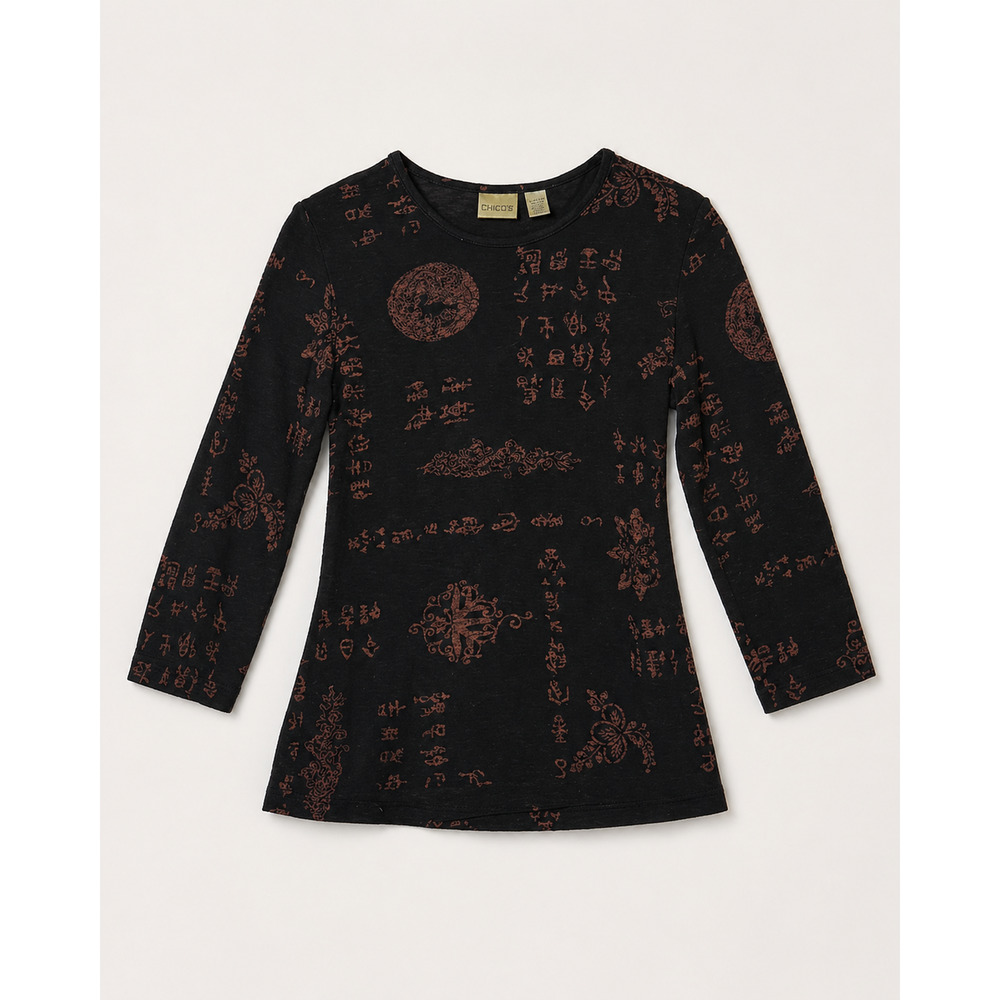 Chico's Black 3/4 Length Sleeve Top Ancient Jinwen Chinese style Script - Small
